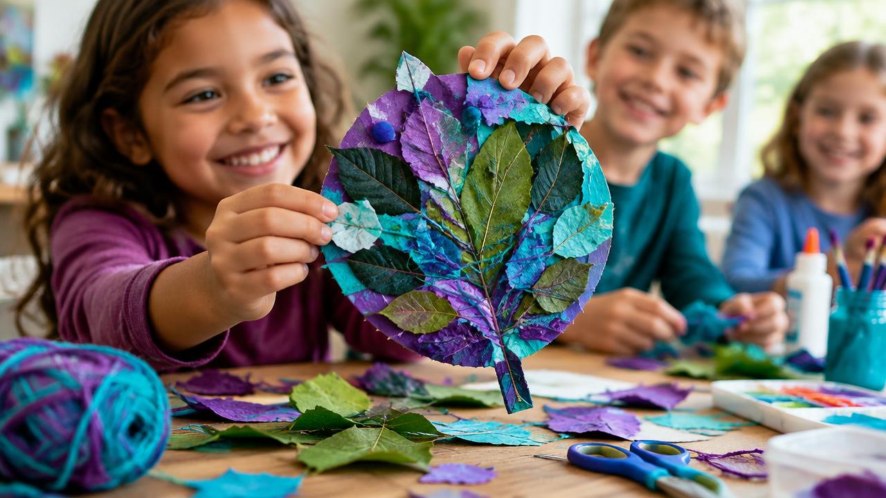 A child proudly sharing a colorful nature craft.